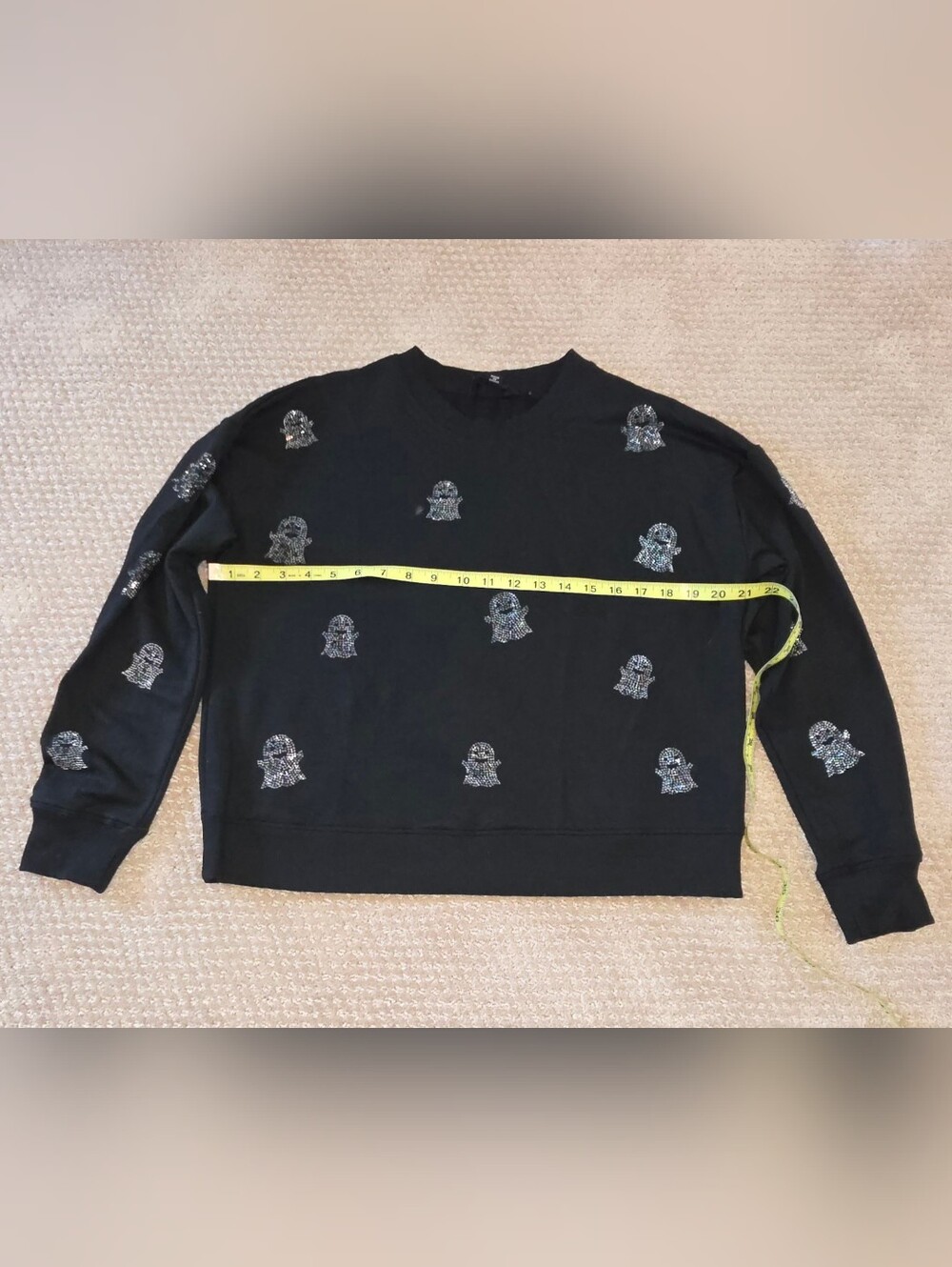 Marled Black Crewneck Sweatshirt with Silver Sequin Motif Accents